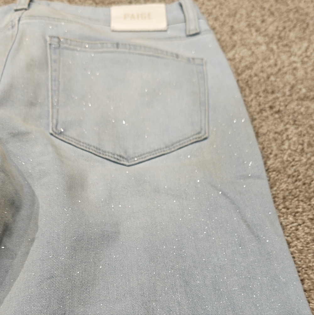 PAIGE Leenah Glitter Coated High Waisted Wide Leg Indigo Jeans Sz 30